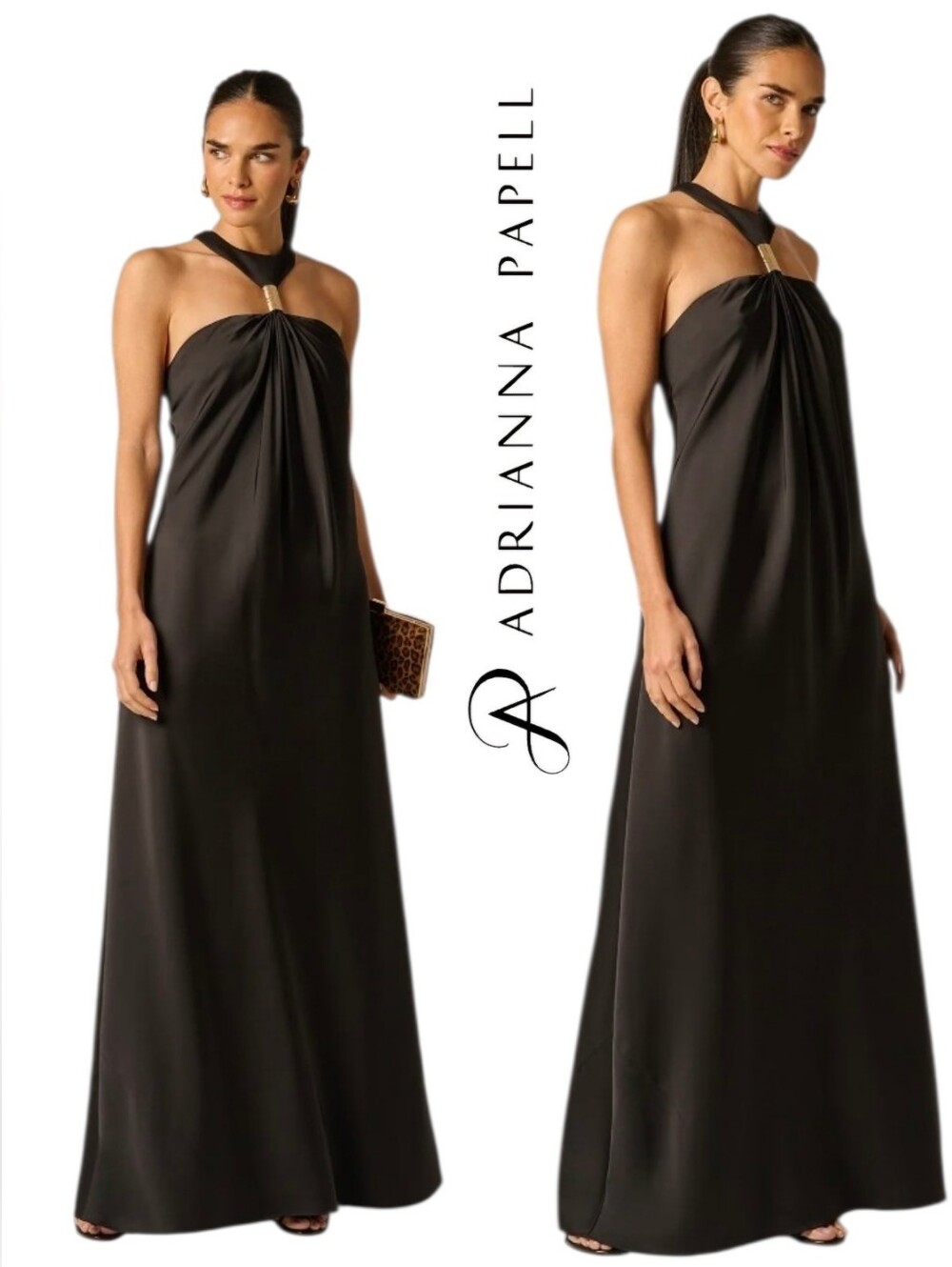 Adrianna Papell Stretch Satin Hardware Halter Collar Gown Black NWT $299 Sz 12